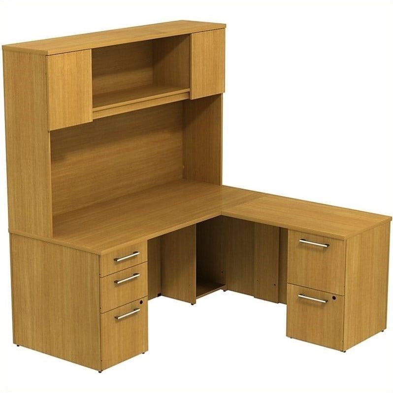 Bush BBF 300 Series 66" L Shaped Desk with Hutch in Modern Cherry   300S040MC