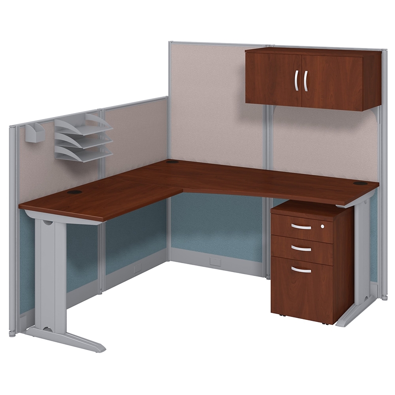 Office in an Hour L Shaped Cubicle Workstation with Storage in Cherry |  