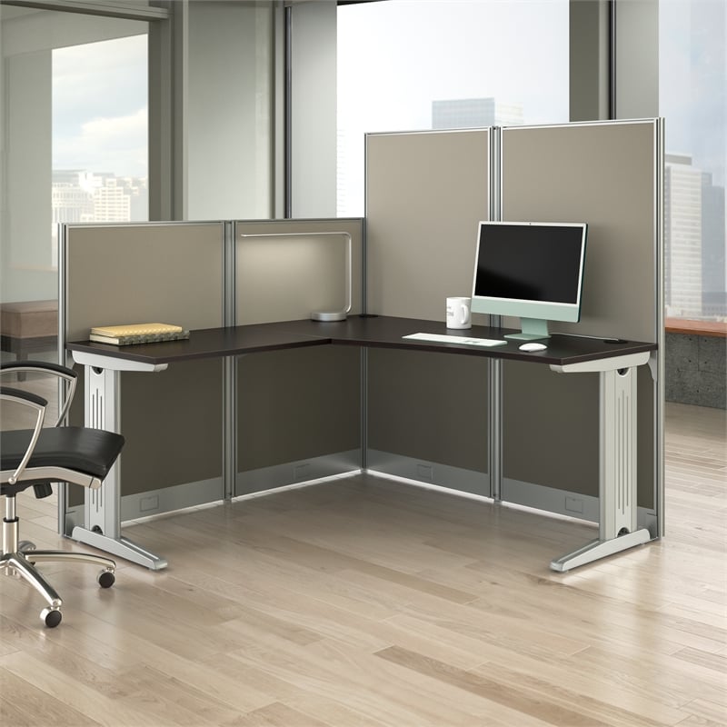 Office in an Hour 65W L Shaped Cubicle Desk in Mocha Cherry - Engineered Wood