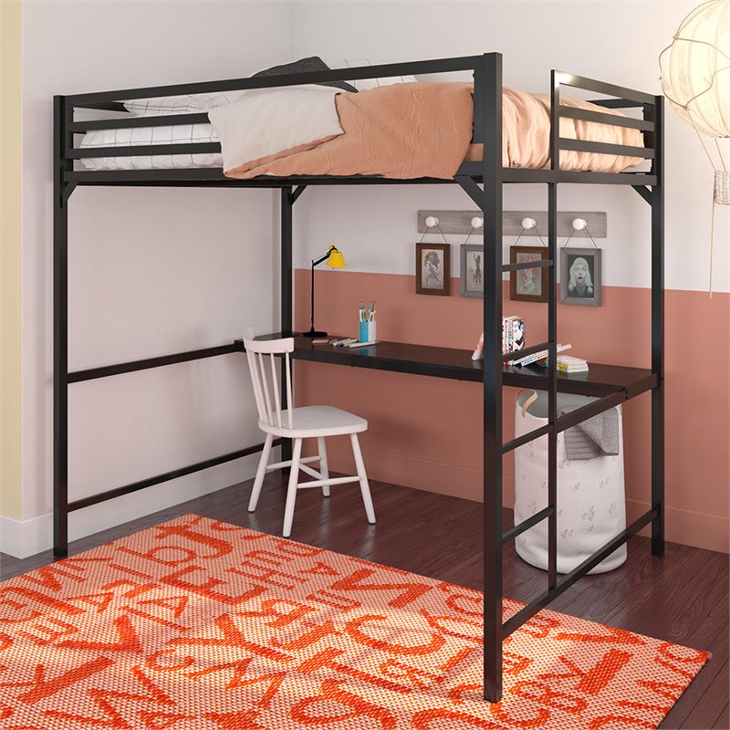 DHP Mabel Full Metal Loft Bed with Desk in Black
