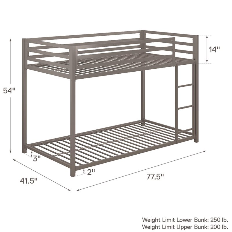 DHP Mabel Twin Over Twin Metal Bunk Bed in Silver