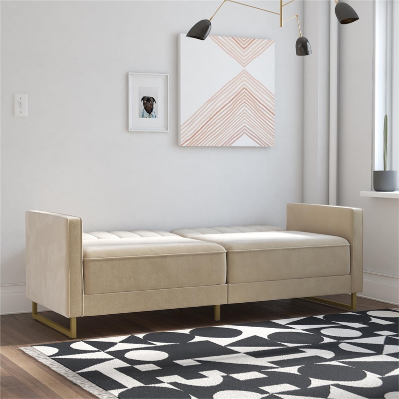 Novogratz Skylar Coil Futon Modern Sofa Bed and Couch in Ivory Velvet