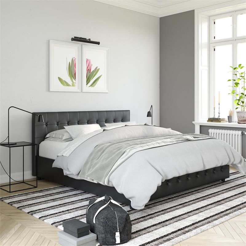 DHP Sherry Upholstered Bed in King Size Frame in Black Faux Leather