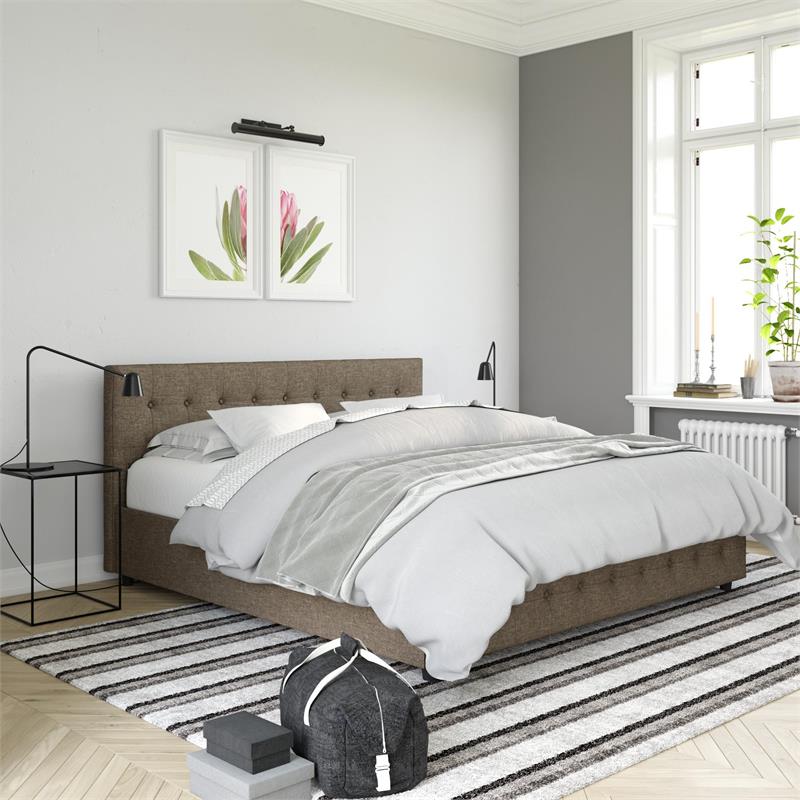 DHP Sherry Upholstered Bed in King Size Frame in Gray Linen