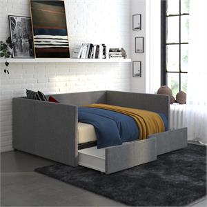 dhp mya upholstered daybed with storage in full in gray linen
