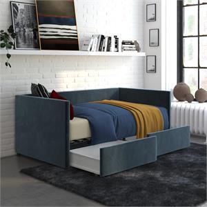 dhp mya upholstered daybed with storage in twin in blue velvet