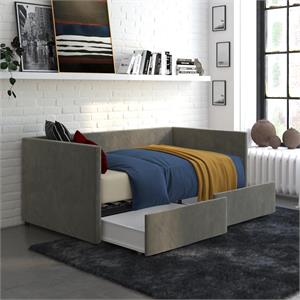 dhp mya upholstered daybed with storage in twin in gray velvet