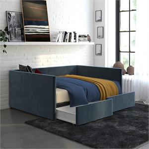 dhp mya upholstered daybed with storage in full in blue velvet