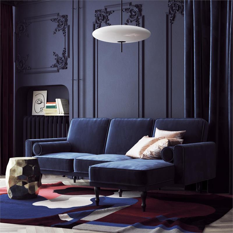 DHP Elinda Small Space Sectional Futon in Blue Velvet DE61824