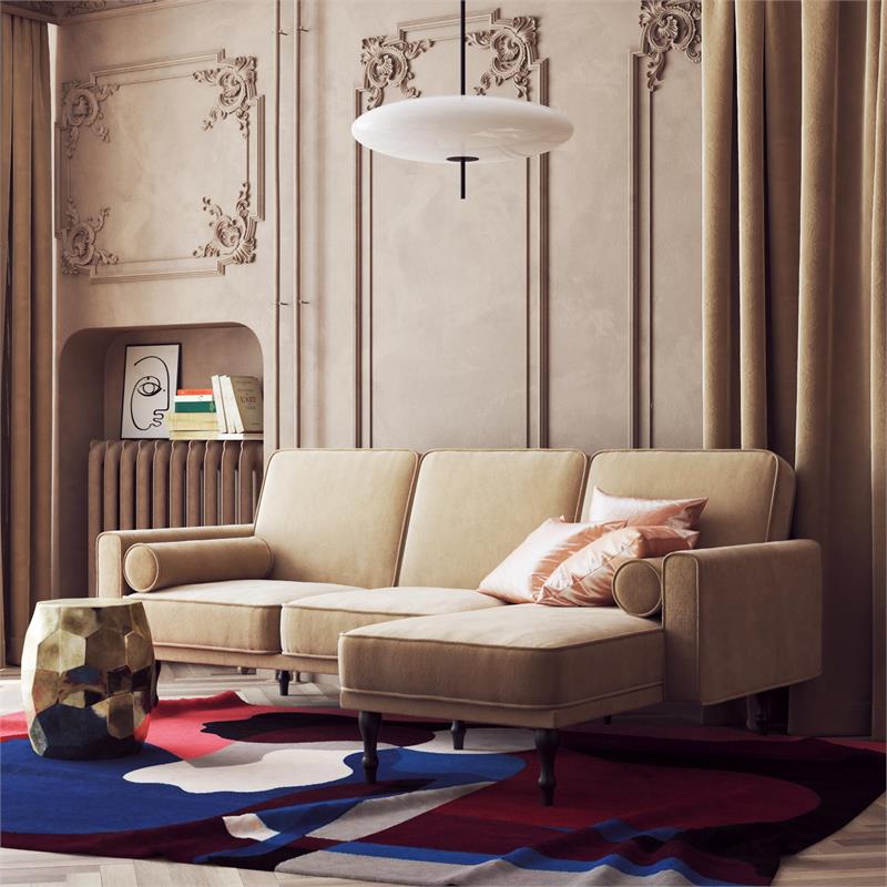 DHP Elinda Small Space Sectional Futon in Tan Velvet Cymax Business