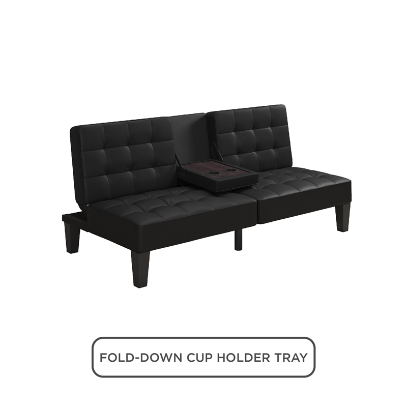 Julia Convertible Split Back Futon with Cup Holder in Black Faux