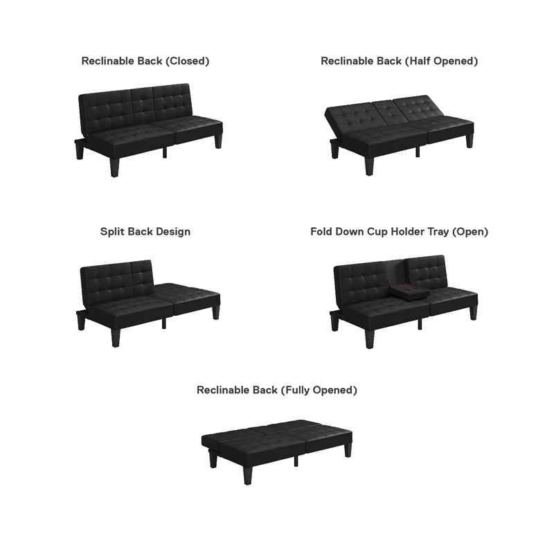 Julia Convertible Split Back Futon with Cup Holder in Black Faux