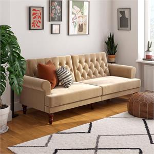 novogratz upholstered cassidy futon- convertible couch- ivory velvet