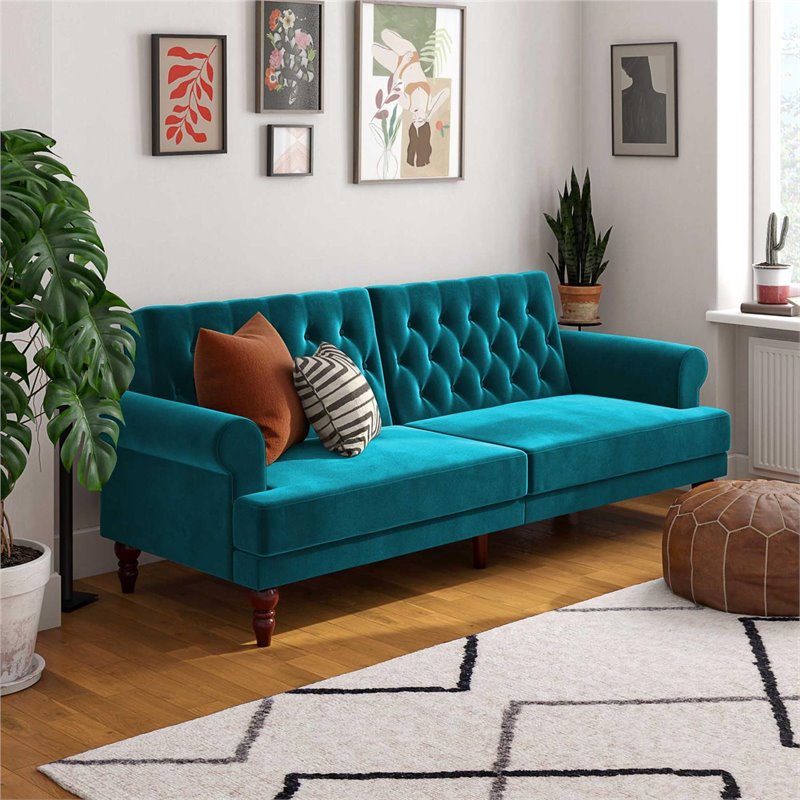 Novogratz Upholstered Cassidy Futon- Convertible Couch- Green Velvet