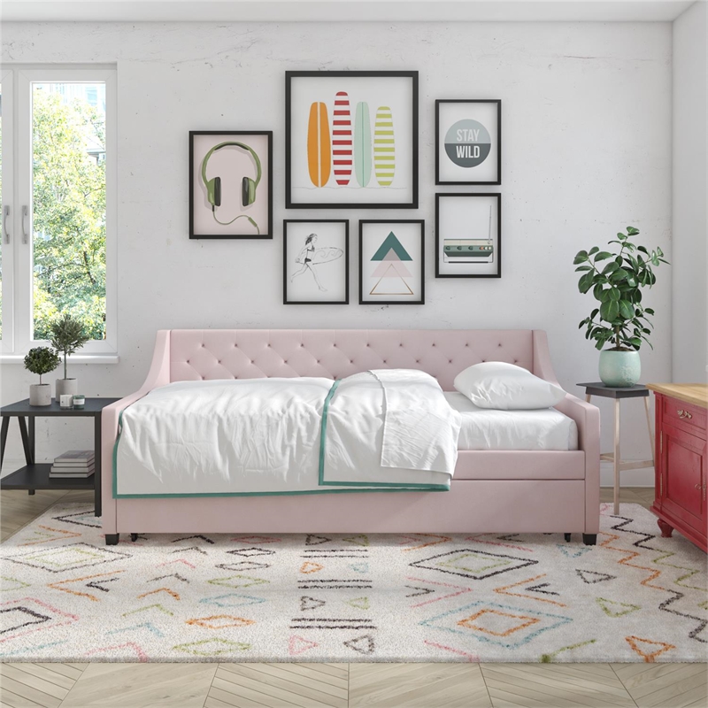 Novogratz Her Majesty Daybed and Trundle in Pink Linen