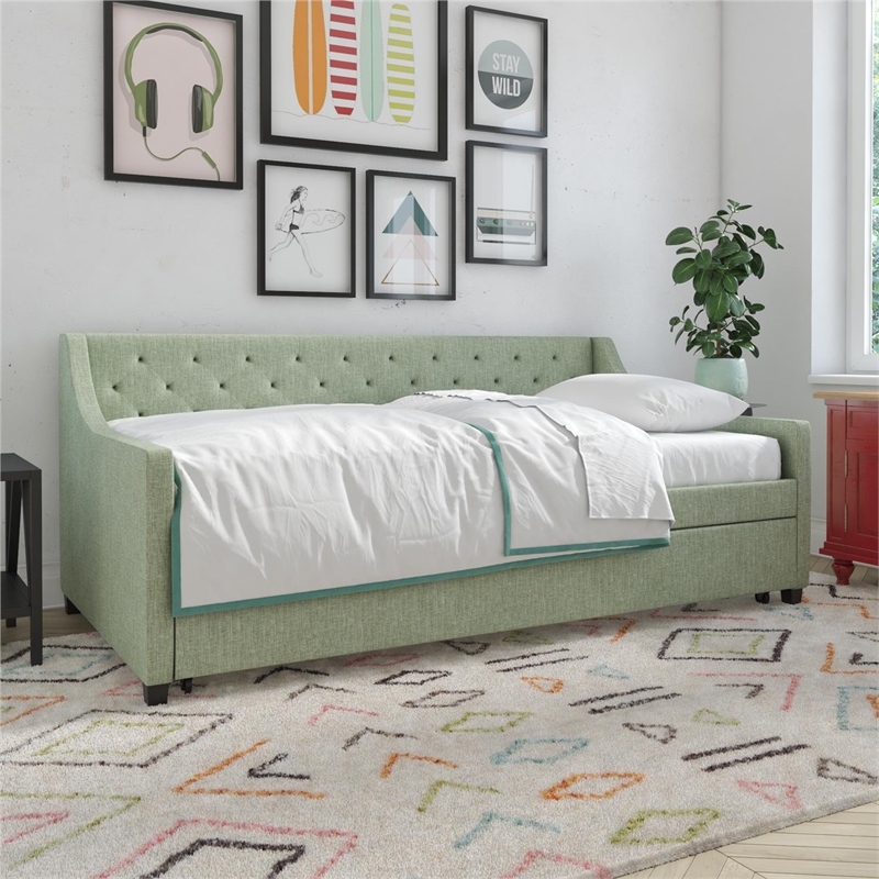 Novogratz Her Majesty Daybed and Trundle in Light Green Linen