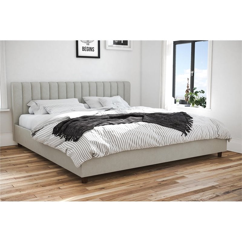 Novogratz Brittany Upholstered Bed in King in Light Grey Linen
