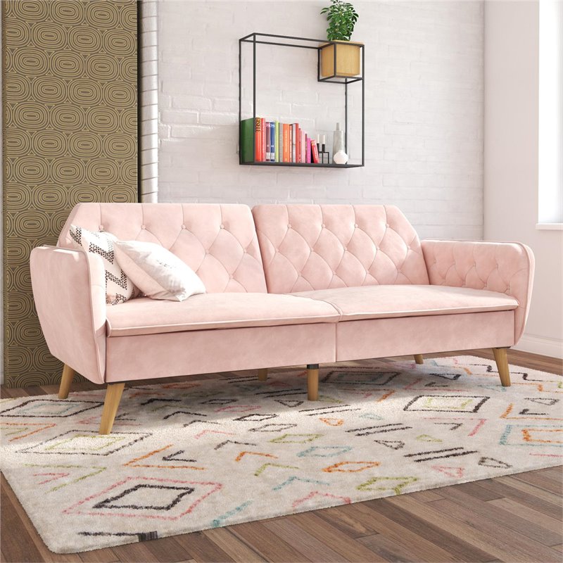 Novogratz Tallulah Memory Foam Futon in Convertible Couch in Pink Velvet