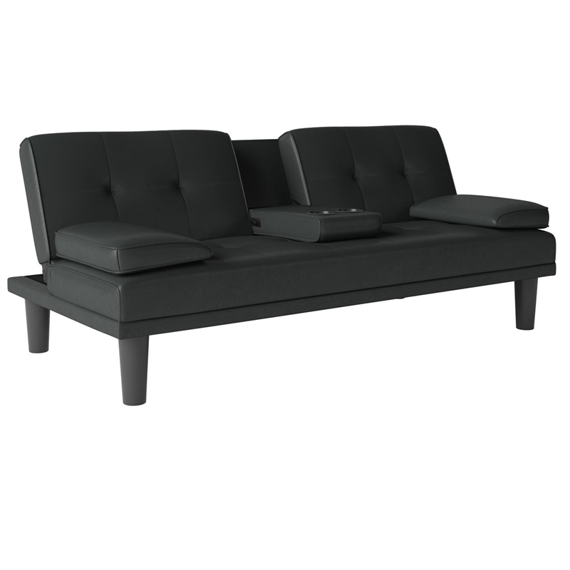 DHP Marley Sofa Sleeper Cupholder Futon with 2 Pillows in Black