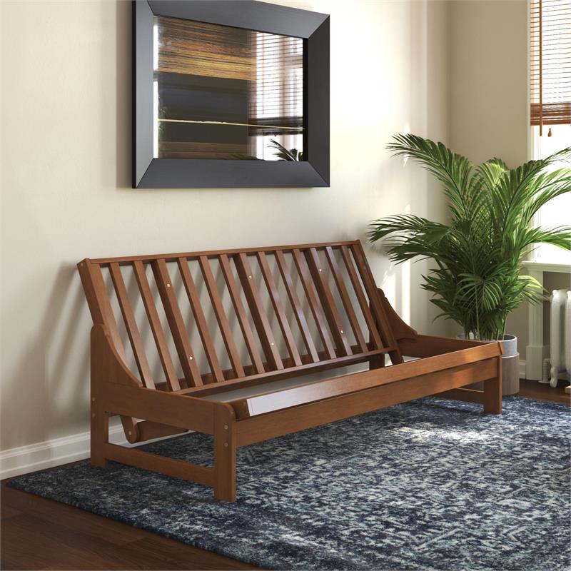 DHP Carlin Wood Futon Frame in Full Size Sofa Bed and Couch in Natural Oak DZ29642