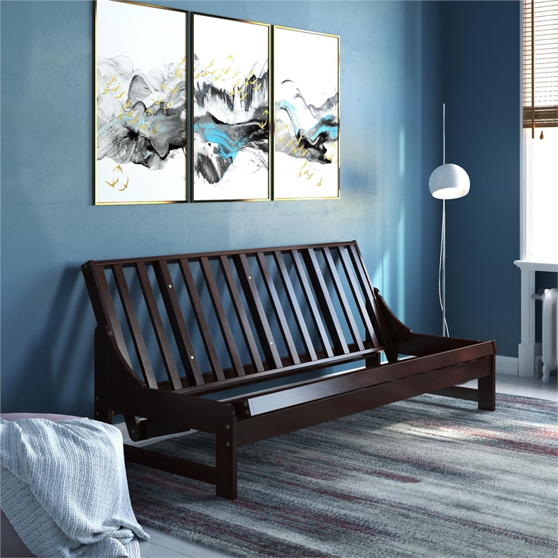 DHP Carlin Wood Futon Frame in Full Size Sofa Bed and Couch in Espresso