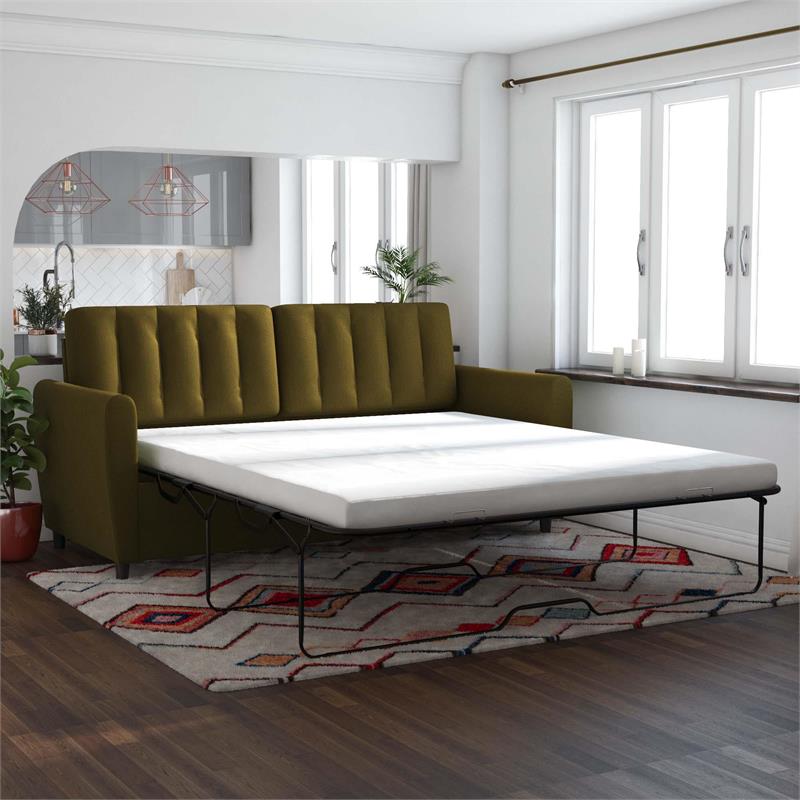 Novogratz Brittany Queen Sleeper Sofa With Memory Foam Mattress In Green Linen 2278929n Novogratz Brittany Queen Sleeper Sofa, Queen Size Sleeper Sofa Mattress