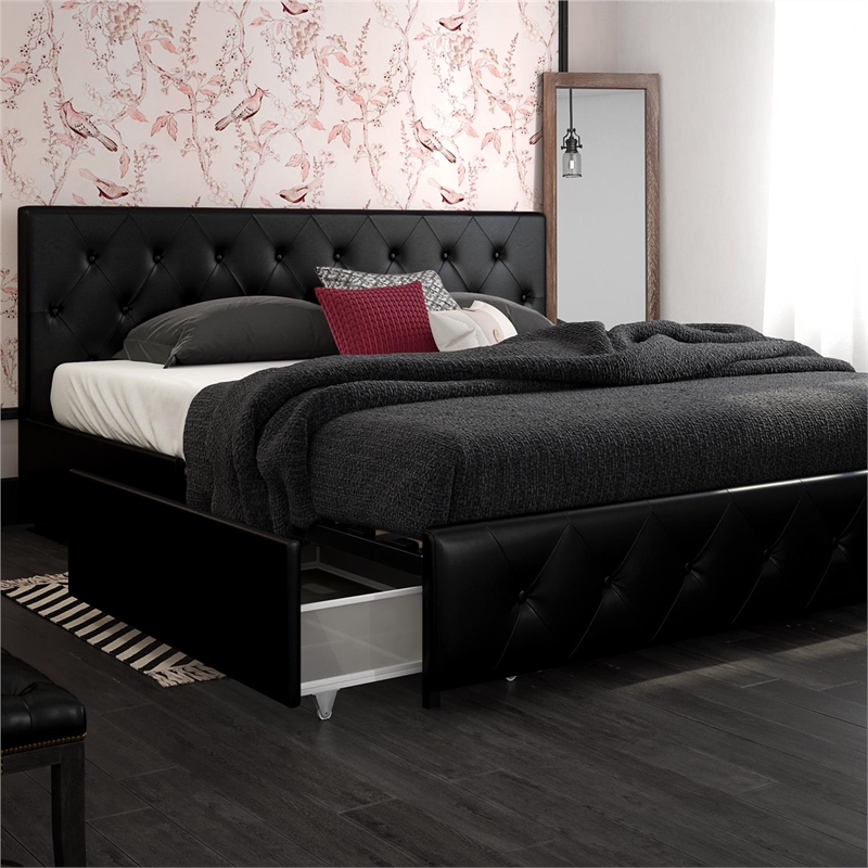 Dhp Dakota King Upholstered Bed With Storage Drawers In Black Faux