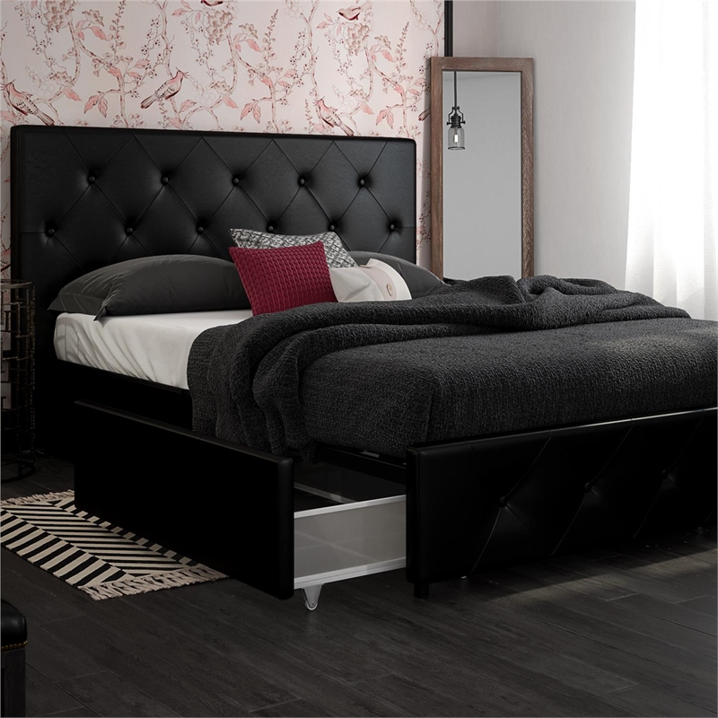 DHP Dakota Queen Upholstered Bed with Storage Drawers in Black Faux