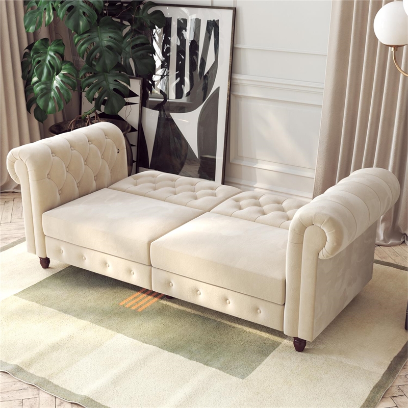 DHP Furini Sofa Futon  in Ivory Velvet