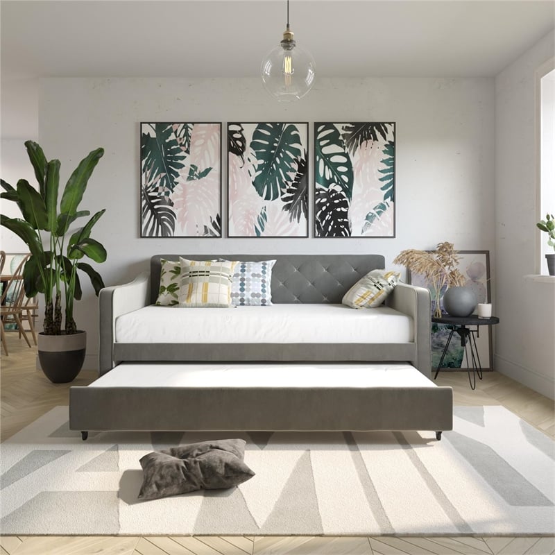 Novogratz Vintage Upholstered Twin Daybed and Twin Trundle Set in Grey