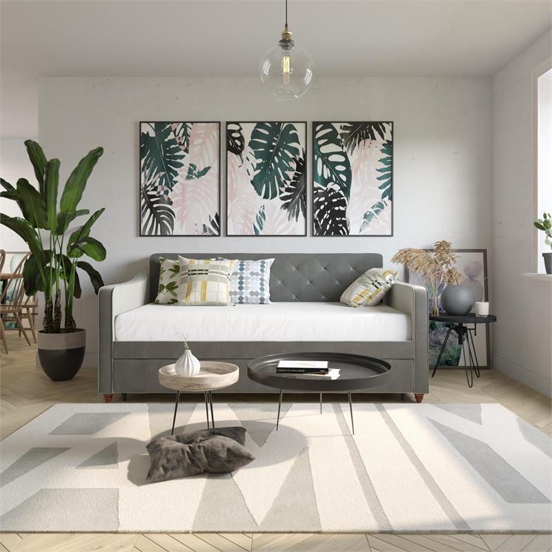 Novogratz Vintage Upholstered Twin Daybed and Twin Trundle Set in Grey
