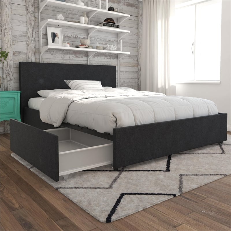 Novogratz Kelly Upholstered Full Bed with Storage in Dark Grey Linen