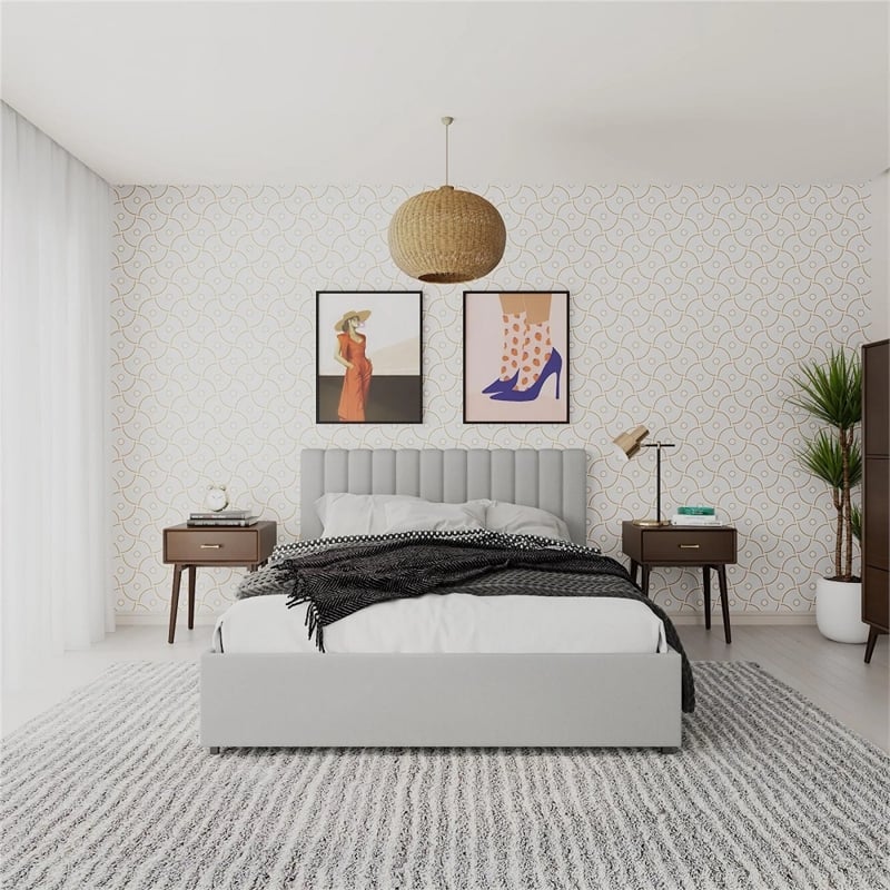 Novogratz Brittany Fabric Upholstered Queen Bed w/Storage Drawers in Light Gray