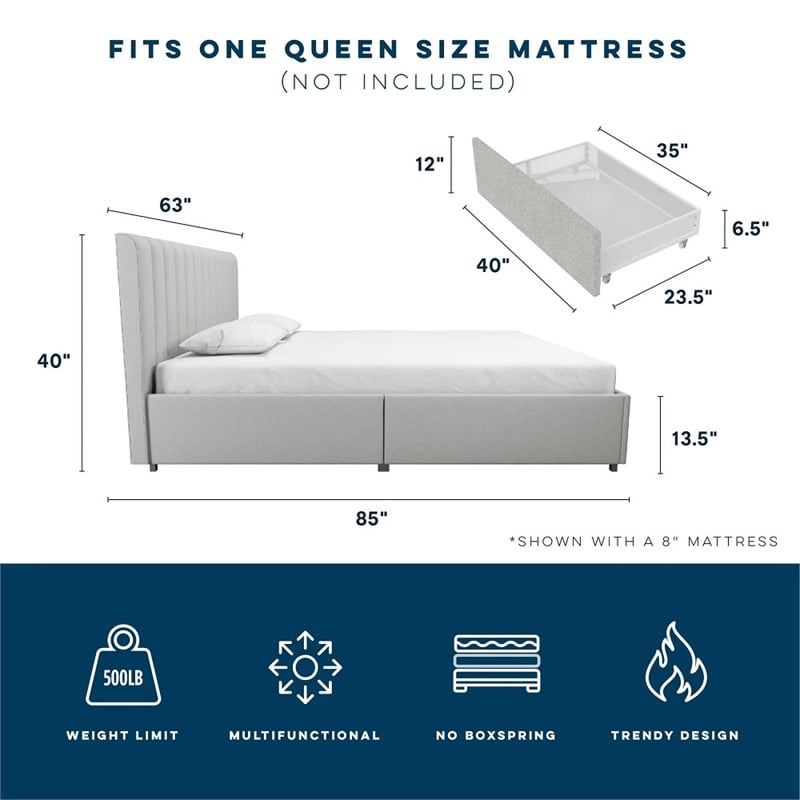Novogratz Brittany Fabric Upholstered Queen Bed w/Storage Drawers in Light Gray