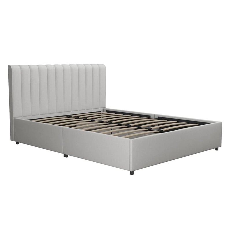 Novogratz Brittany Fabric Upholstered Queen Bed w/Storage Drawers in Light Gray