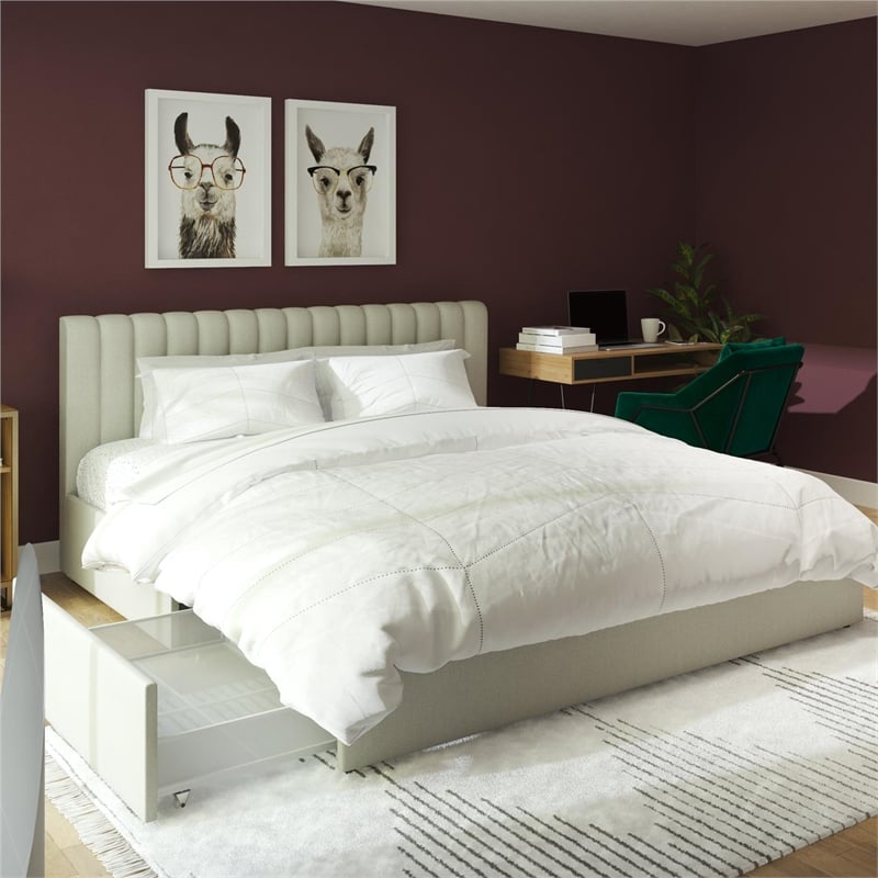 Novogratz Brittany Upholstered King Bed with Storage Drawers