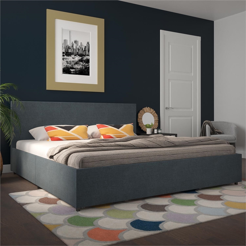 Novogratz Kelly King Upholstered Bed with Storage in Navy Linen