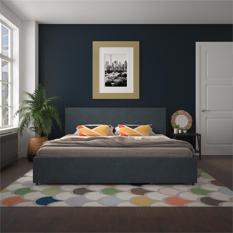 Novogratz Kelly King Upholstered Bed with Storage in Navy Linen