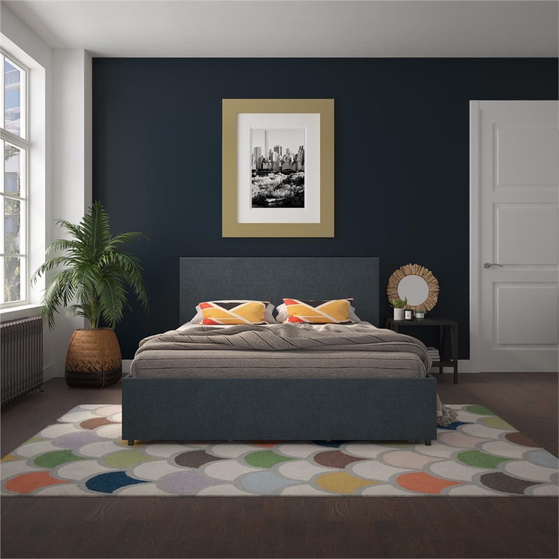 Novogratz Kelly Queen Upholstered Bed with Storage in Dark Blue Linen