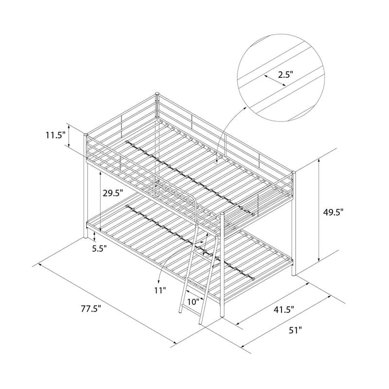 DHP Junior Modern Metal Gray Twin over Twin Low Bunk Bed for Kids