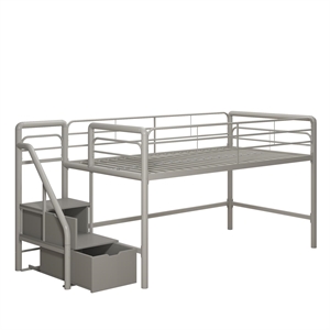 dhp junior metal loft bed with storage steps in twin size in silver/gray