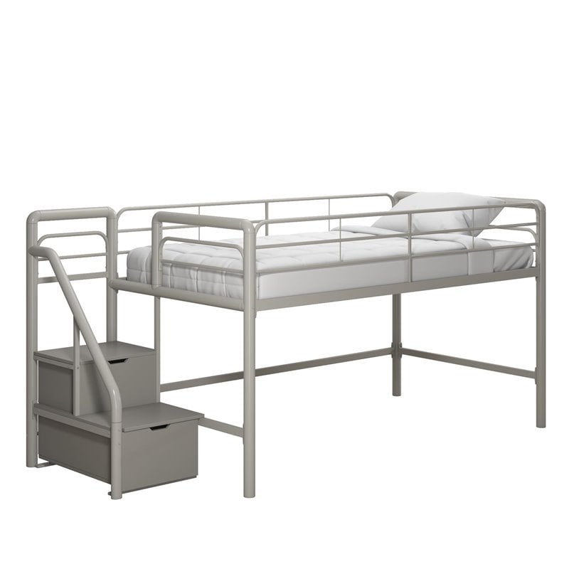 DHP Junior Metal Loft Bed with Storage Steps in Twin Size in Silver
