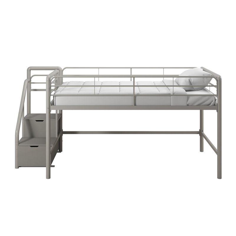 DHP Junior Metal Loft Bed with Storage Steps in Twin Size in Silver
