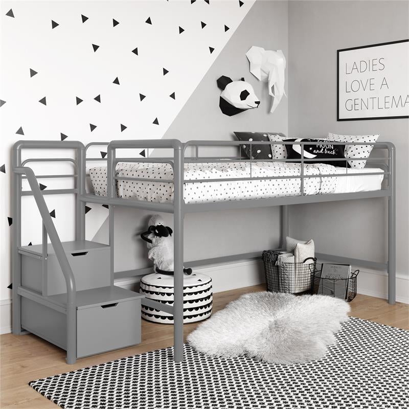 DHP Junior Metal Loft Bed with Storage Steps in Twin Size in Silver/Gray