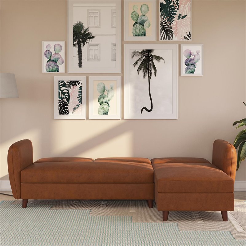 Novogratz Perry Sectional Futon with Storage in Camel Faux Leather