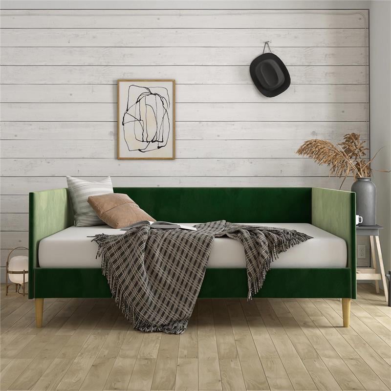 DHP Franklin Mid Century Upholstered Daybed Full Size in Green Velvet