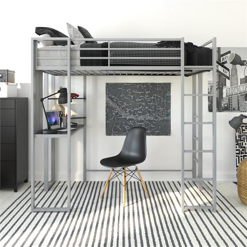 DHP Alana Twin Metal Loft Bed with Desk in Silver