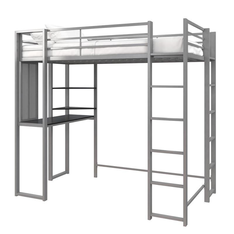 DHP Alana Twin Metal Loft Bed with Desk in Silver