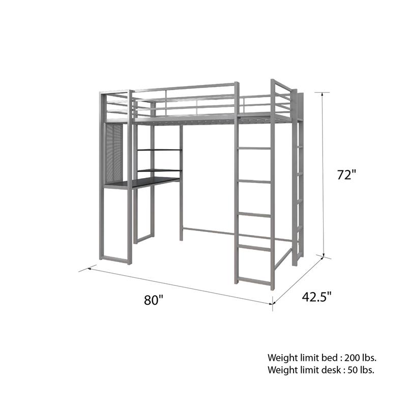 DHP Alana Twin Metal Loft Bed with Desk in Silver