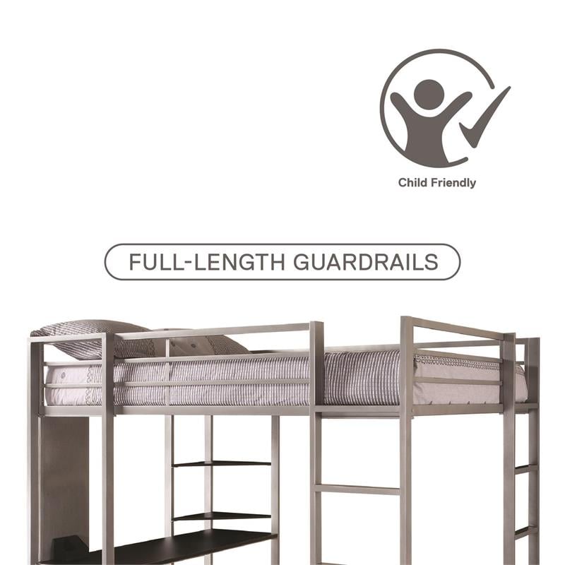 DHP Alana Twin Metal Loft Bed with Desk in Silver